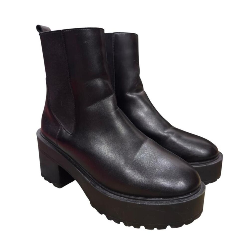 Black Leather Platform Ankle Boots Chunky Heel Size 8